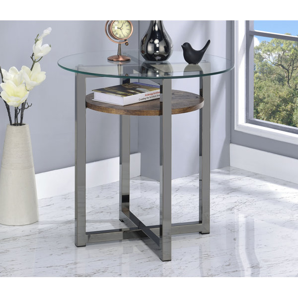 Orren Ellis Amaan Glass Top Cross Legs End Table Wayfair